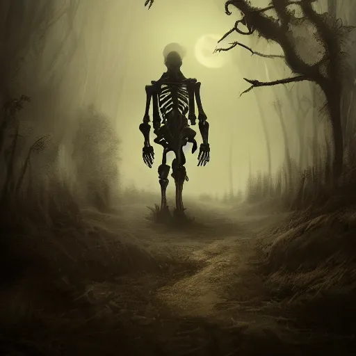 Image similar to a giant skeleton walks the earth, dark landscape, fog, matte painting, trending on artstation