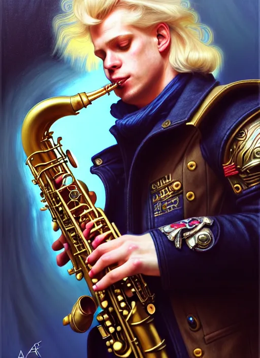 Prompt: portrait of a blond man playing sax, warhammer 40000, cyberpunk, intricate, elegant, highly detailed, digital painting, artstation, concept art, smooth, sharp focus, illustration, art by artgerm and greg rutkowski and alphonse mucha and Gustav Klimt, hippie