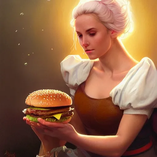 Prompt: portrait of moby eating hamburgers, extra onions and ketchup, luscious patty with sesame seeds, feminine ethereal, handsome, d & d, fantasy, intricate, elegant, highly detailed, digital painting, artstation, concept art, matte, sharp focus, illustration, art by artgerm and greg rutkowski and alphonse mucha