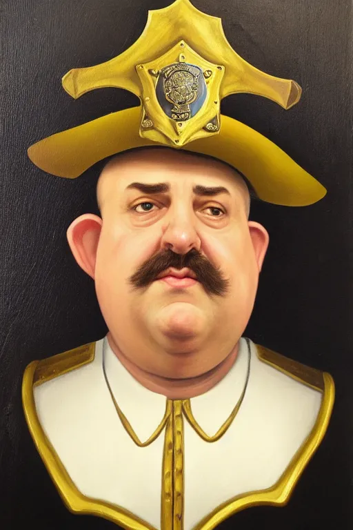 Image similar to high elf mall cop with a sheriff's badge that is fat, shifty, and incompetent, portrait from the chest up, Oil Painting, hyper realistic, dutch golden age, 3/4 bust
