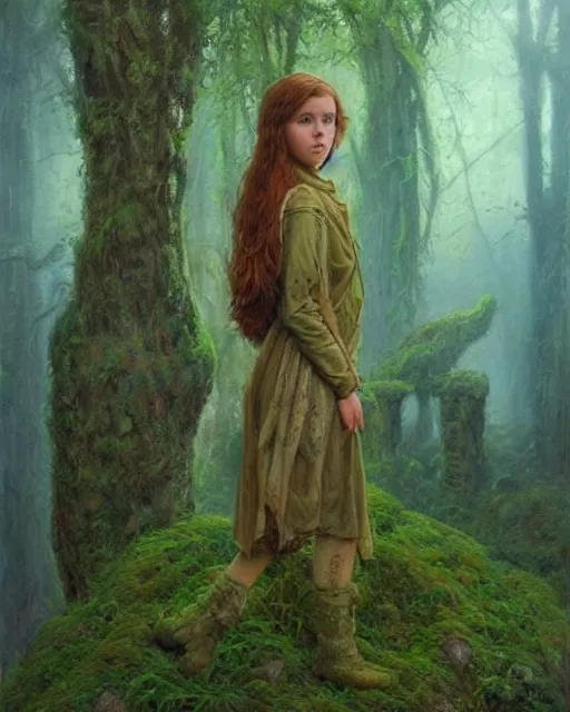 Image similar to a well - lit, realistic oil painting of a girl resembling a young, shy, redheaded irish alicia vikander or millie bobby brown in moss - covered ancient stone ruins at sunset, highly detailed, intricate, concept art, artstation, by donato giancola, ron cobb, and artgerm