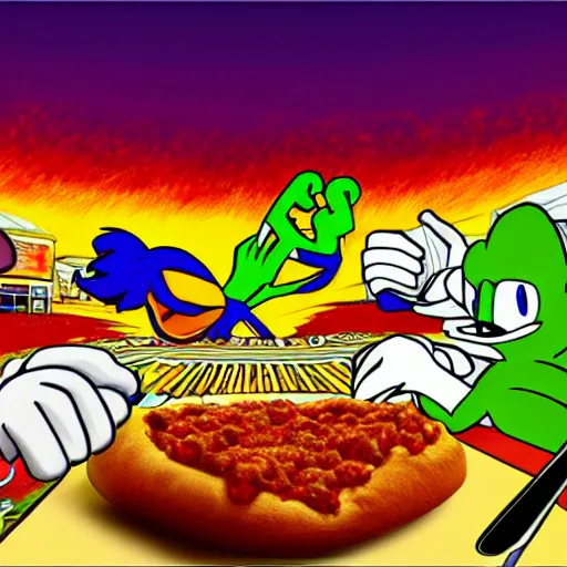 Image similar to detailed 8 k drawing of pepe the frog vs sonic the hedgehog in an epic chili dog championship. high tension at sunset