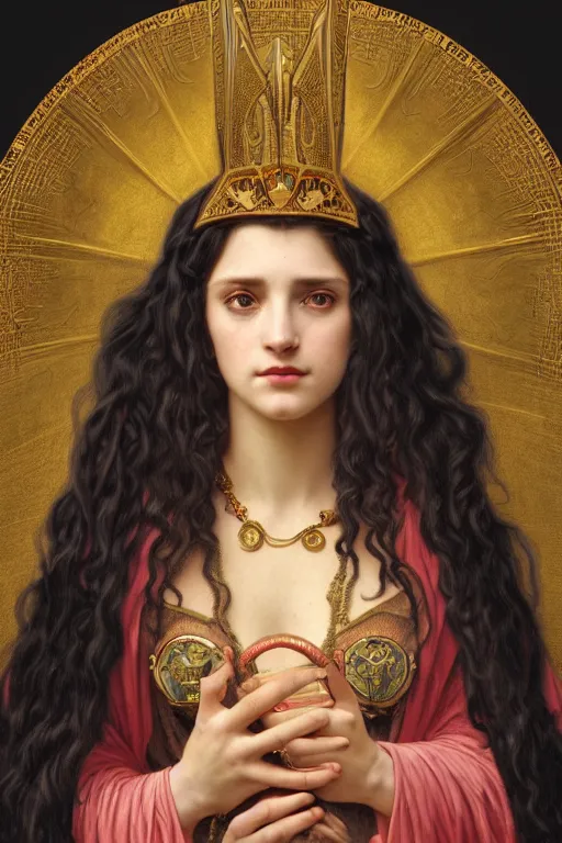 Image similar to Portrait of historically accurate, biblical, sneering, young, wicked, terrible, evil, pagan, beautiful, queen jezebel of ancient Israel, wearing gilded robes, long hair, intricate, elegant, highly detailed, masterpiece, illustration, art by artgerm and greg rutkowski and alphonse mucha and Wayne Barlowe and william-adolphe bouguereau, highly detailed, trending on artstation, award winning