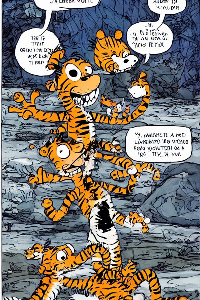 Image similar to Calvin and Hobbes as adults on crack