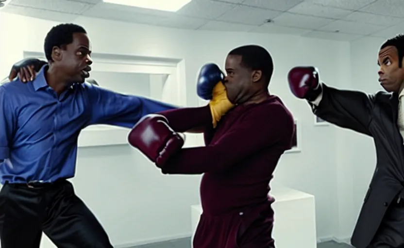 Image similar to movie still of prince of bell air punching chris rock in the face