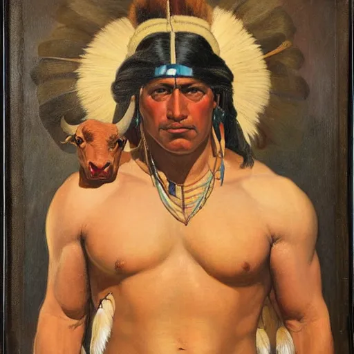 Image similar to portrait of a muscular native american god with the head of a buffalo, by j. c. leyendecker, tamara de lempicka, bouguereau, rockwell