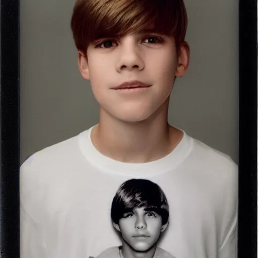 Image similar to medium shot portrait, teen male, 9 0 s bowl cut hairstyle, gecko t shirt, polaroid instant film