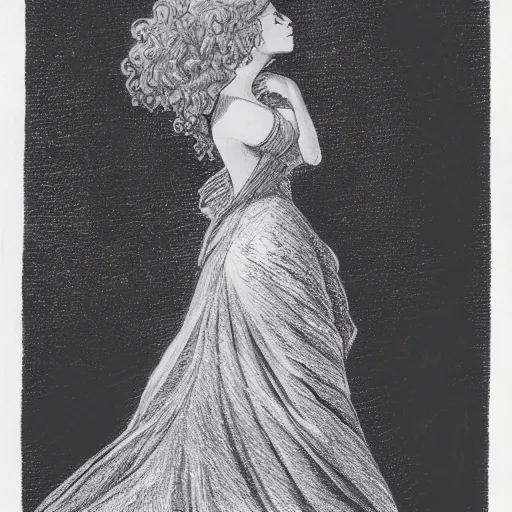 Prompt: a black and white drawing of the silhouette of a woman with long curly tied hair using a dress