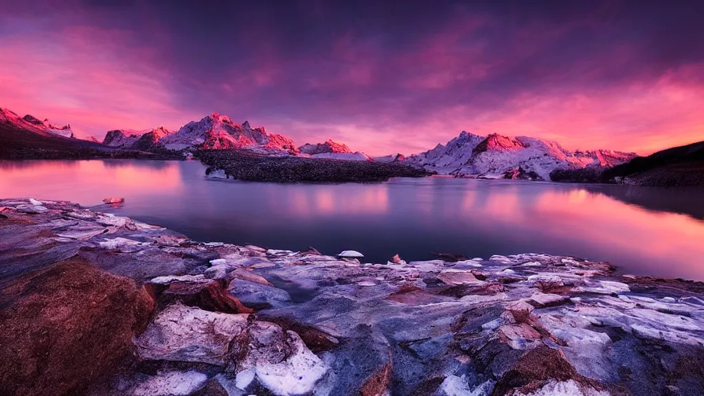 Image similar to amazing landscape photo of polar light with lake in sunset by marc adamus, beautiful dramatic lighting