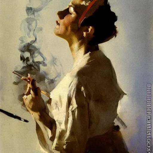 Prompt: anders zorn painting of a beautiful woman with a melting face smoking