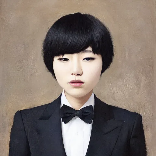 Image similar to portrait of a beautiful korean girl wearing a men's tuxedo, with long hair and bangs, angular features, angry expression, oil on canvas, elegant pose, masterpiece, Jonathan Yeo painting