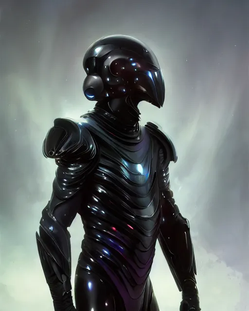 Image similar to iridescent sinewy smooth muscular male sleek glossy black pearlescent scifi armor with smooth black featureless helmet, by greg rutkowski, jim burns, tom bagshaw, magali villeneuve, trending on artstation