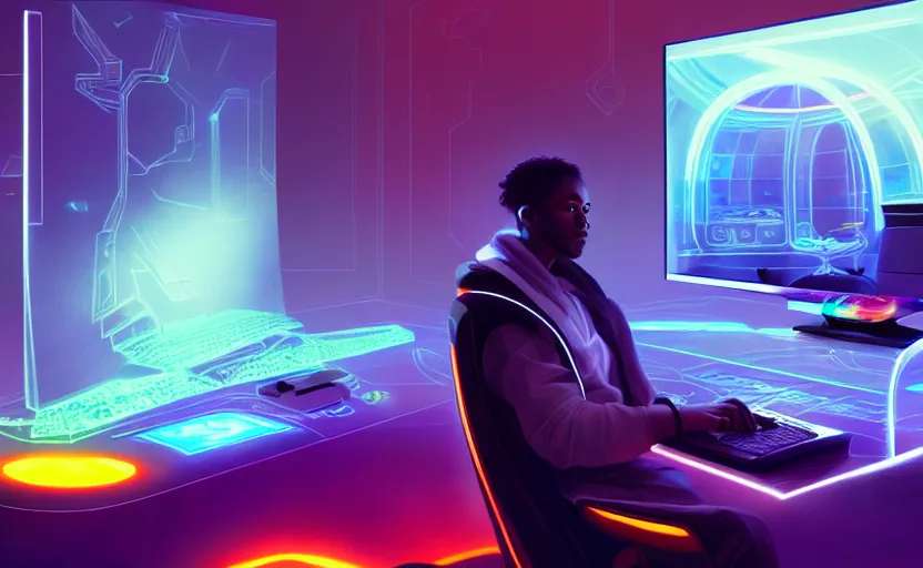 Image similar to handsome black genius at his gaming pc, holographic keyboard and curved digital holographic displays, luxury interior, electric orange glowing lights, highly detailed, digital painting, artstation, concept art, smooth, sharp focus, illustration, art by wlop, mars ravelo and greg rutkowski