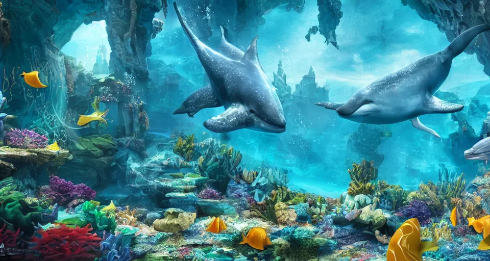Prompt: fantasy underwater world with buildings, mermaids and fish, whales, dolphins, light rays coming from above through the water, hyperrealistic, 8K, octane render, rtx