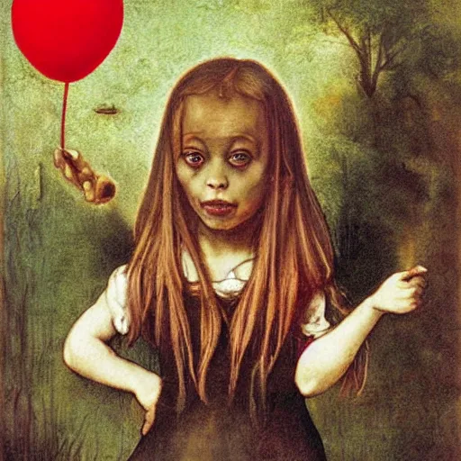 Prompt: fantasy painting of a little girl holding a red balloon by judson huss and henriette grindat and albrecht durer | horror themed | creepy