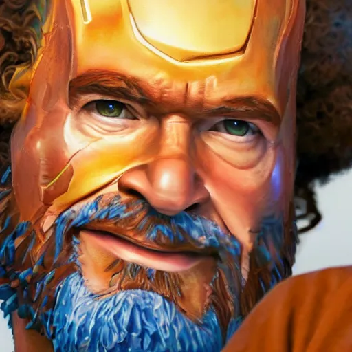 Image similar to a closeup photorealistic photograph of bob ross working on a canvas painting featuring iron man. film still. this 4 k hd image is trending on artstation, featured on behance, well - rendered, extra crisp, features intricate detail, epic composition and the style of unreal engine.