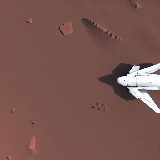 Prompt: two sleek white long spacecraft with red details, flying diagonally over the surface of mars, highly detailed, view from above, photorealistic, cinematic, sci-fi, octane render