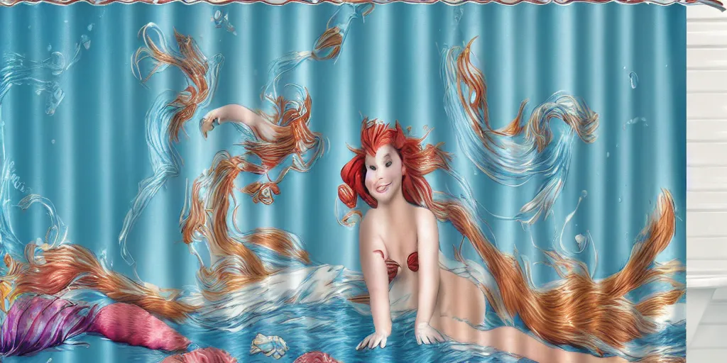 Image similar to a ( ( main coon kitten ) ) little mermaid themed shower curtain, shower curtain product photography. digital art. 4 k, highly detailed. saturated.