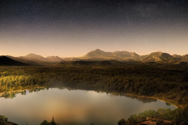 Image similar to a large valley landscape with a still lake at night and milky way appearing on the sky, 8K, hdr, octane render, long pose photography, astrophotography