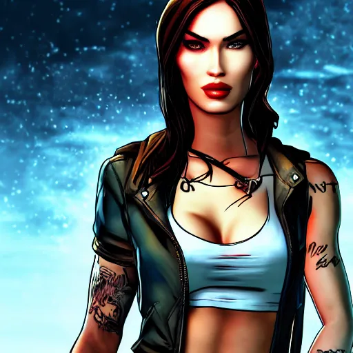 Image similar to megan fox portrait, borderlands, tales from the borderlands, the wolf among us, comic, cinematic lighting, studio quality, 8 k