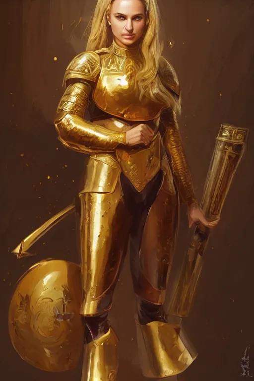 Prompt: portrait of a young natalie portman knight with blond hair wearing a golden armor with a sun symbol, fantasy, highly detailed, digital painting, artstation, concept art, illustration, art by Bayard Wu and Marc Simonetti