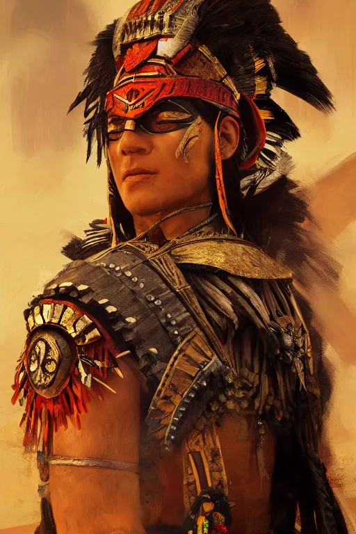 Image similar to aztec warrior, close - up portrait, fierce, intricate, elegant, volumetric lighting, scenery, digital painting, highly detailed, artstation, sharp focus, illustration, concept art, ruan jia, steve mccurry