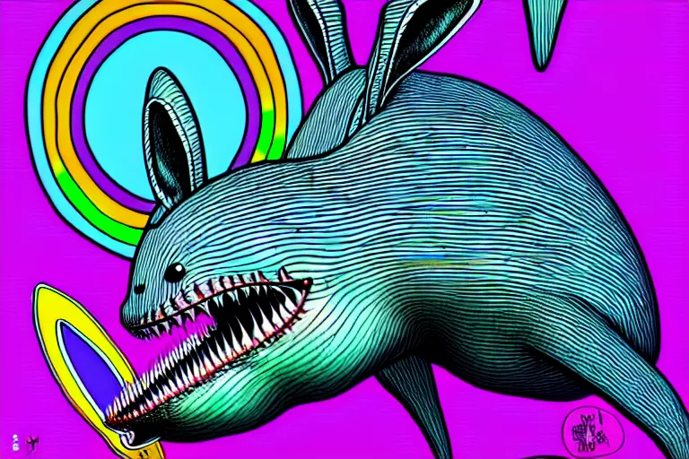 Image similar to a detailed digital art of a bunny disguised as a shark in the style of junji ito and moebius and giger, rainbow color scheme, ornate, photosynthetic,8k,award winning art,