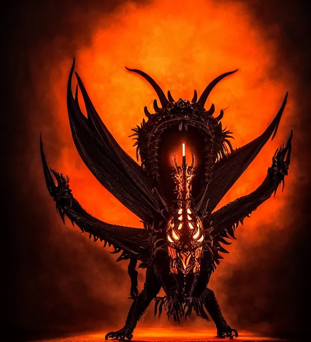 Image similar to a symmetrical matte portrait of the black dragon god with glowing orange eyes, vast wings and twisting horns addressing a crowd of bowing hooded devotees. cinematic atmospheric lighting, dark, atmospheric, brooding, painted, intricate, ultradetailed. by dave dorman, well composed, best on artstation, cgsociety, epic, stunning, gorgeous, intricate details, wow, masterpiece