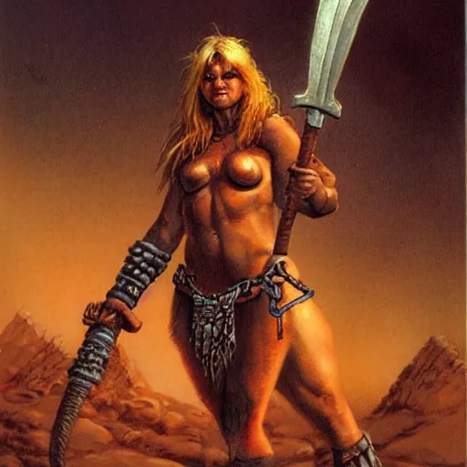 Prompt: female barbarian by Les Edwards