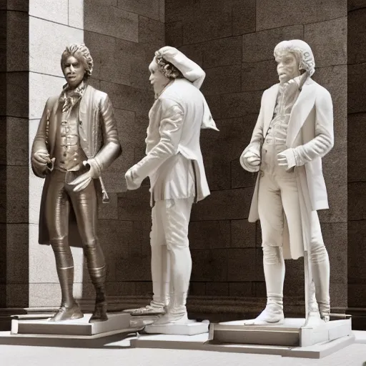 Image similar to mozart and beethoven and bach and liszt all standing next to each other, they're all statues, octane render, 8 k, highly detailed, hyper - realistic.