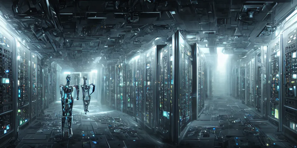 Image similar to robot bionical parallax volumetric coherent colossal ruined server room in datacenter portrait symmetrical face by eddie mendoza blender robot figure automata drone robot welder posing pacing fixing mono sharp focus, emitting diodes, racks, system unit, artstation cgsociety artofmtg hyperrealism cinematic dramatic paintin - g concept art of detailed character design