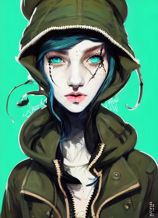 Image similar to highly detailed portrait of a sewer punk lady student, blue eyes, burberry hoody, hat, white hair by atey ghailan, by greg tocchini, by kaethe butcher, gradient green, black, brown, cream and blue color scheme, grunge aesthetic!!! ( ( graffiti tag wall flat colour background ) )