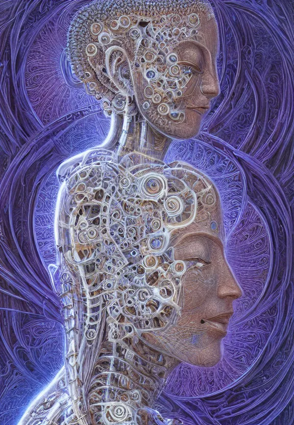 Prompt: perfectly centered portrait, front view of a beautiful biomechanical fractal robot buddha, female, flowing hair, intense stare, sarcastic smile, symmetrical, concept art, intricate detail, volumetric shadows and lighting, realistic oil painting by alex grey and gustave dore,