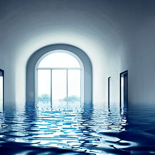 Image similar to interior of a flooded building, all white, minimalistic architecture, rounded ceiling, arched doorway, dim lights, liminal space, blue water, minimalistic,