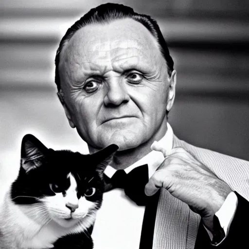 Image similar to anthony hopkins the godfather with the face of a cat, holding a cat with the face of anthony hopkins the godfather