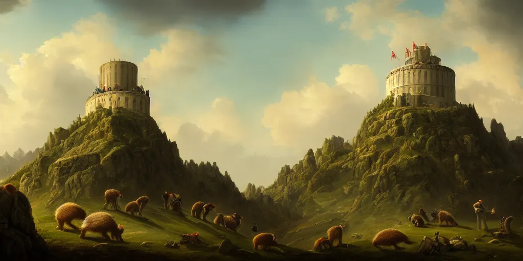 Image similar to landscape portrait of the bastille surrounded by marmots, trending on artstation