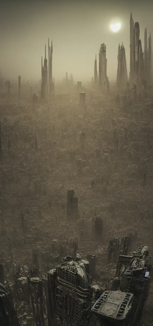 Prompt: moody landscape, exoplanet, abandoned alien megastructure designed by hr giger, towering skeletal temple skyscrapers, complex parametric architecture, post industrial, beksinski, alvin schwartz, black clouds, octane render, cinematic, epic angle