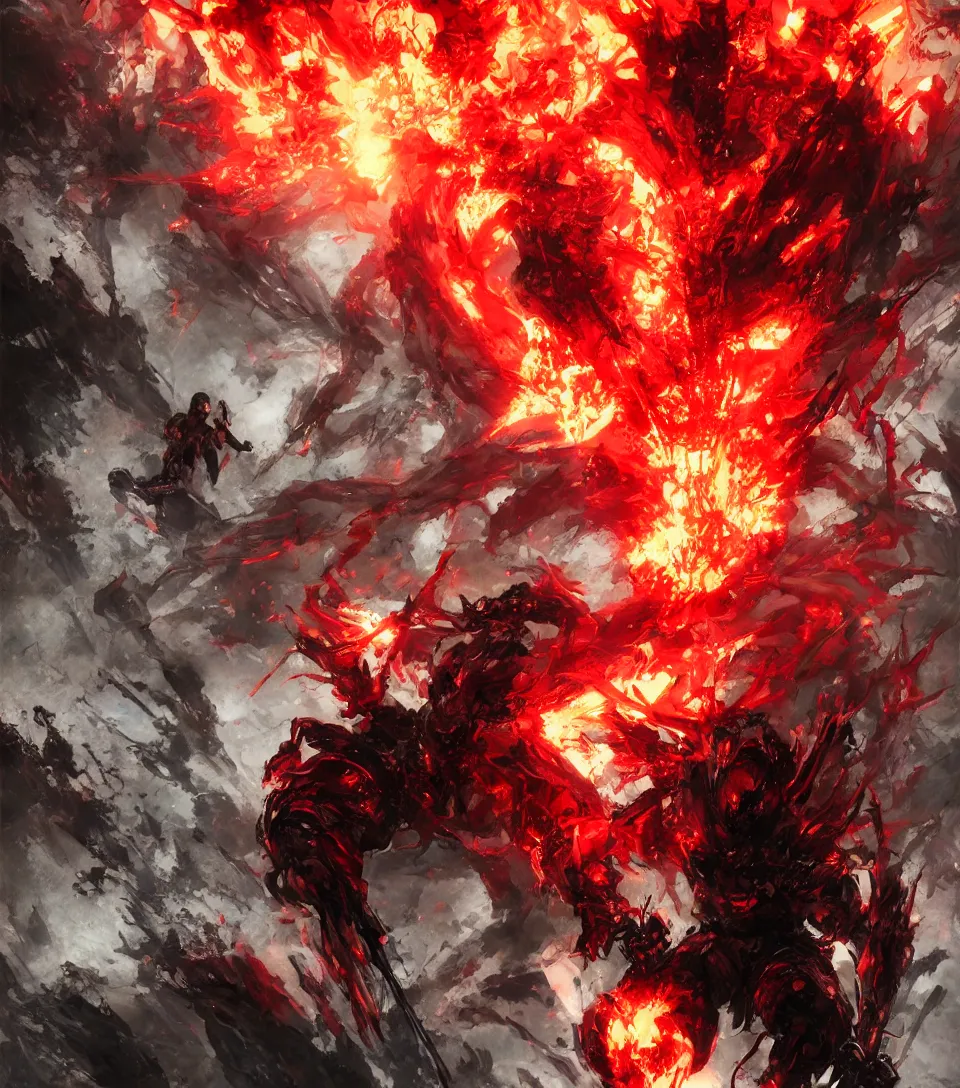 Image similar to lone demonic ninja in hell, red flames, collaborative artwork by yoshikita amano, ruan jia, yoji shinkawa, trending on artstation, very very detailed, beautiful, amazing quality, breathtaking artwork