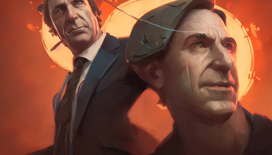 Image similar to portrait of saul goodman alone as a secret agent, league of legends champion splash art, in - frame, photorealistic facial features, right side composition, art by pete mohrbacher and guweiz and ilya kuvshinov, highly detailed, intricate, sharp focus, unreal engine 5, 4 k uhd