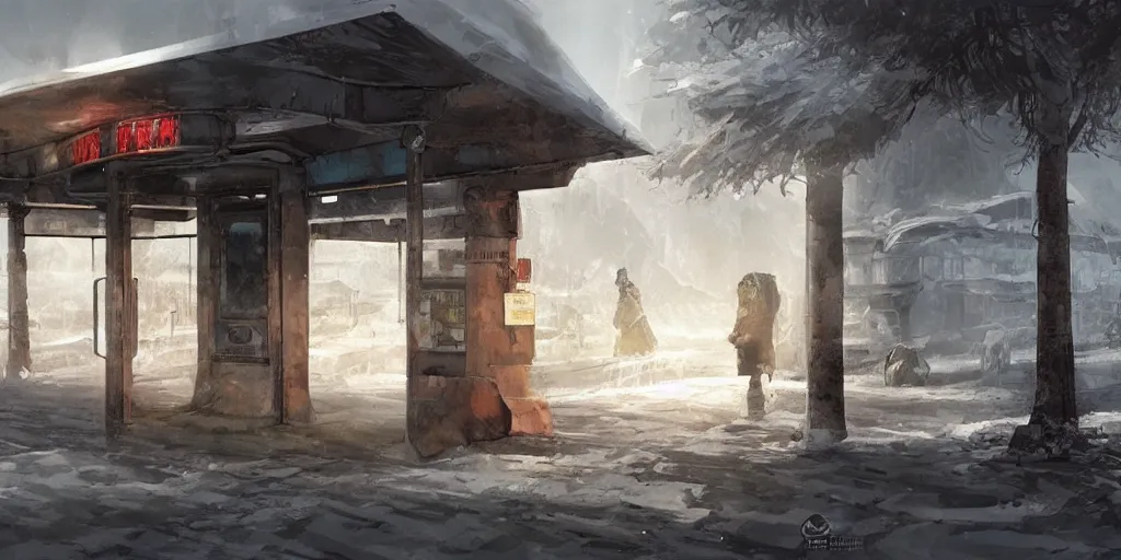 Image similar to concept art of a sealed bus stop for the far north in style of marc simonetti