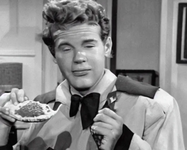 Image similar to Wally Cleaver eating a Choco Taco icecream on Leave It To Beaver, black and white television still