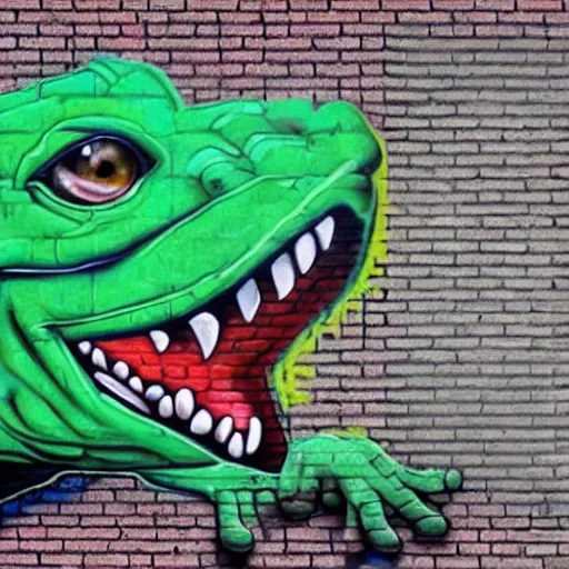 Prompt: a hyperrealistic graffiti on brick wall of a trippy lizzard, colorfu, 4 k