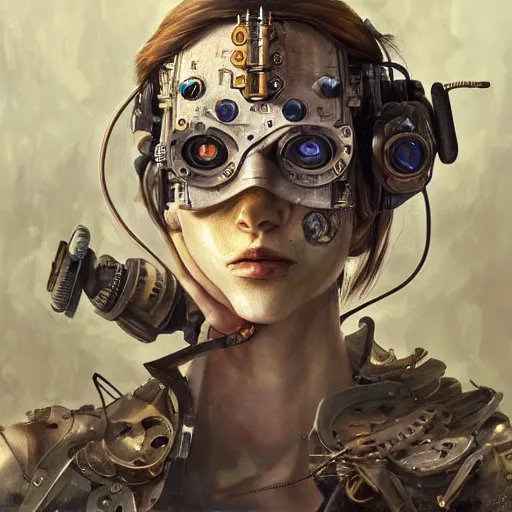 Image similar to portrait painting of a steampunk cyborg drug addict, transhumanism, ultra realistic, concept art, studio ghibli, intricate details, eerie highly detailed