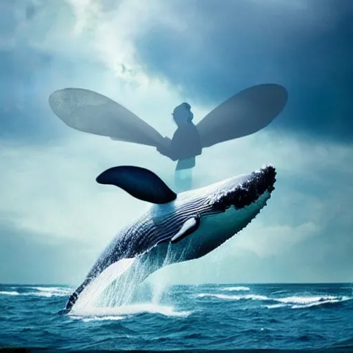 Image similar to photomanipulation of a huge whale that has tiny fairy wings