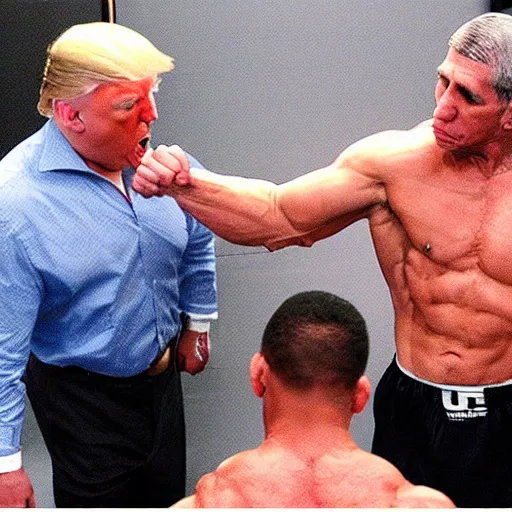 Image similar to an extremely buff Donald Trump punching Anthony Fauci, Ultimate fighting championship