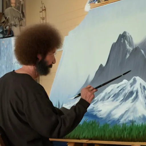 Image similar to a closeup photorealistic photograph of bob ross working on a canvas painting of darth vader. film still. brightly lit scene. mountains and trees. this 4 k hd image is trending on artstation, featured on behance, well - rendered, extra crisp, features intricate detail, epic composition and the style of unreal engine.