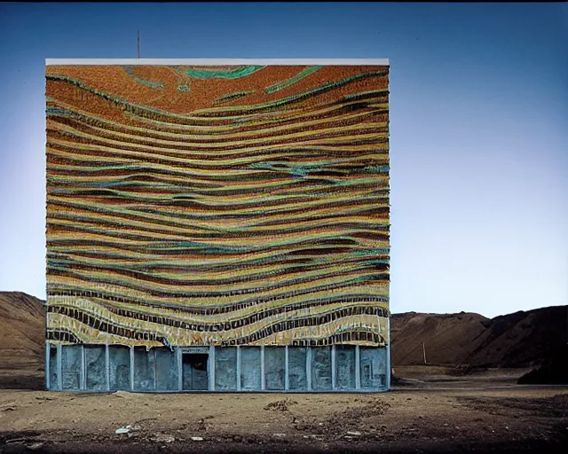 Prompt: snake oil as a building. Neo-Andean architecture by Freddy Mamani