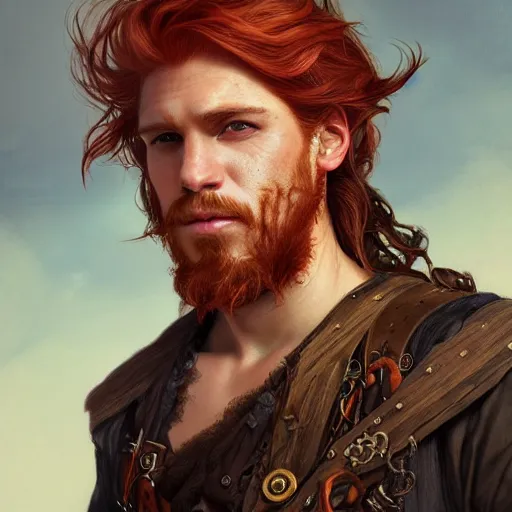 Image similar to portrait of a young rugged pirate, male, handsome, masculine, full body, red hair, long hair, d & d, fantasy, intricate, elegant, highly detailed, steampunk, airship, digital painting, artstation, concept art, matte, sharp focus, illustration, art by artgerm and greg rutkowski and alphonse mucha