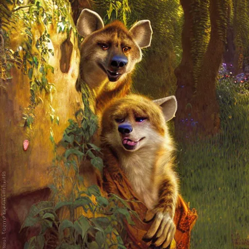 Image similar to a forest with a female hyena hyenawoman canine in wizard robes. zootopia fursona furaffinity furry art detailed face painting by gaston bussiere craig mullins jc leyendecker gustav klimt artgerm greg rutkowski furry