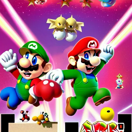 Image similar to super mario brothers and kirby super star ultra movie poster with pokemon super smash bros and princess peach star wars theme pokemon style detailed and accurate eyes